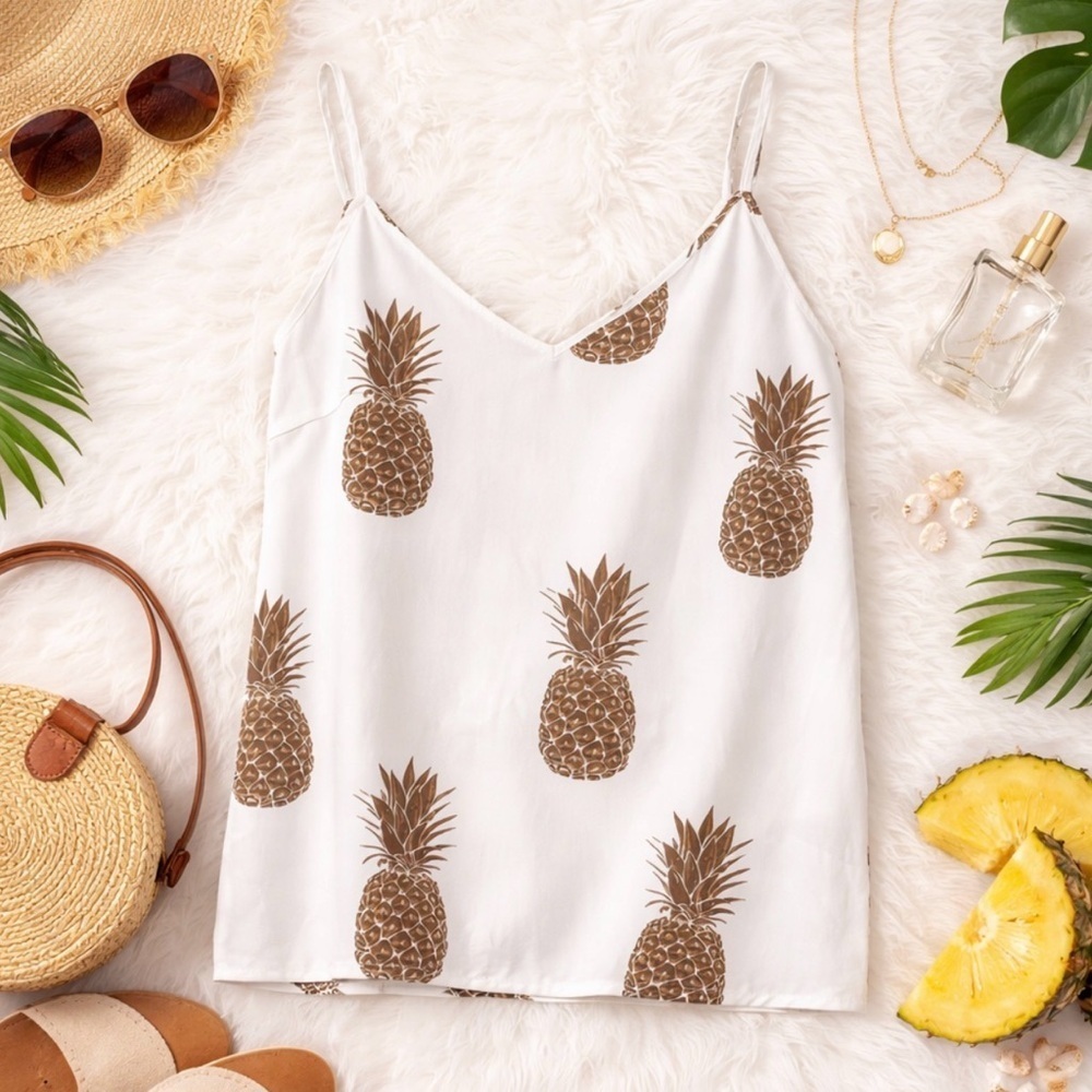 Shein Curve 0XL Women's White Golden Pineapple Print Tank Top Adjustable Straps